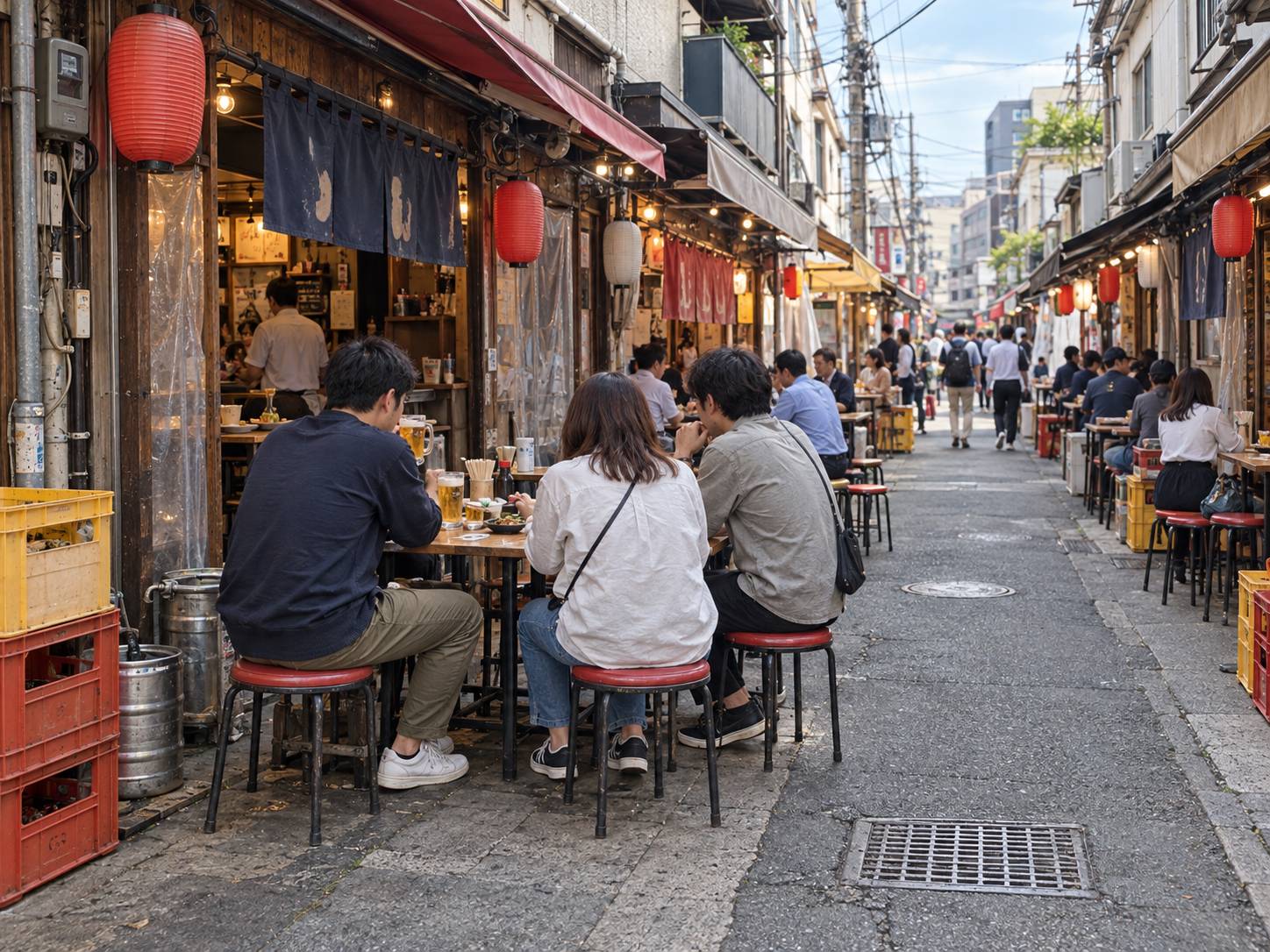 Customers drinking at outdoor tables outside small izakaya on a street in the afternoon