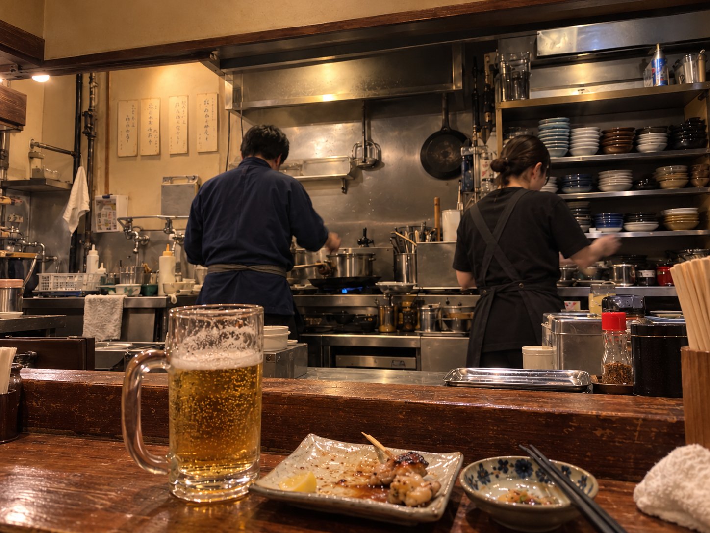 Two staff members working in an open izakaya kitchen, seen from the counter with a beer mug in front