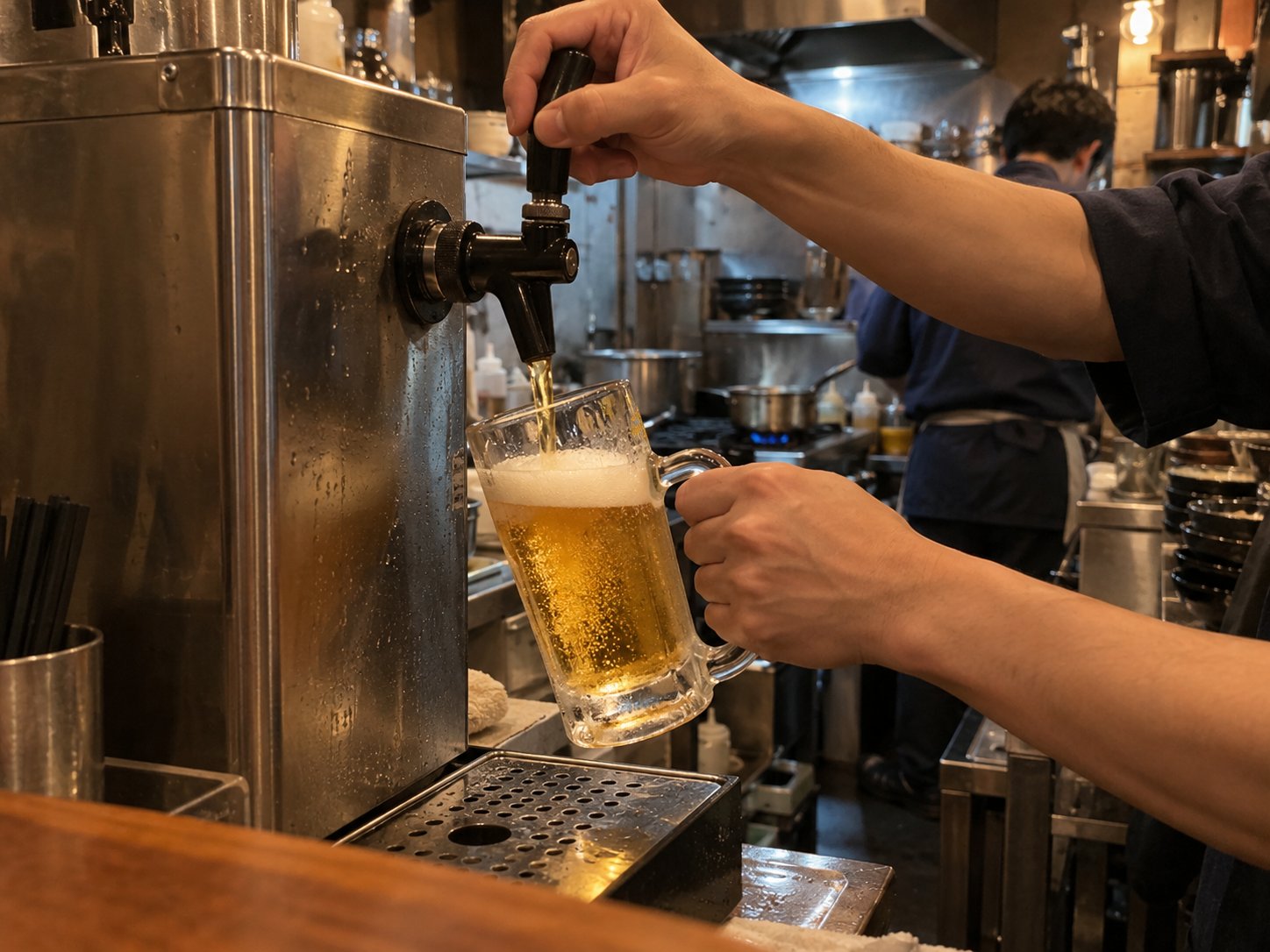 A staff member pouring draft beer from a tap into a mug, with the kitchen behind