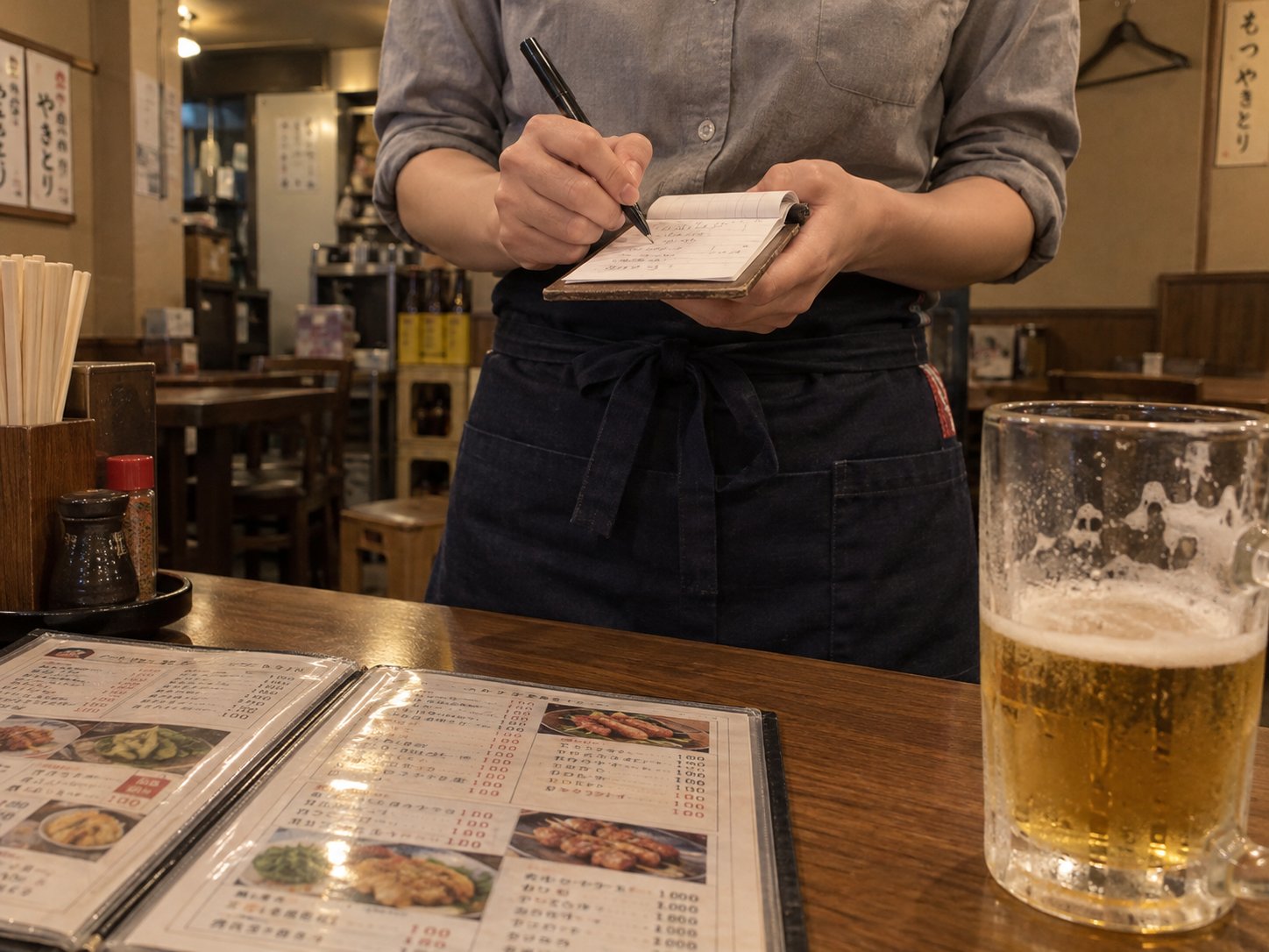 A staff member in an apron writing down an order on a notepad at an izakaya table, next to a menu and a beer