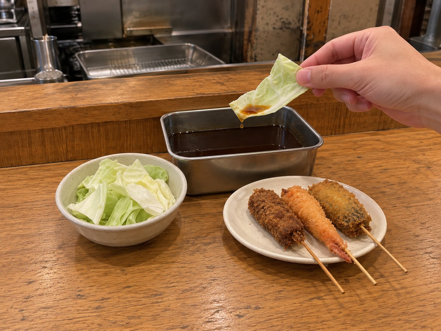 A hand holding a cabbage leaf with sauce on it over the sauce pot, next to a bowl of cabbage and a plate of kushikatsu