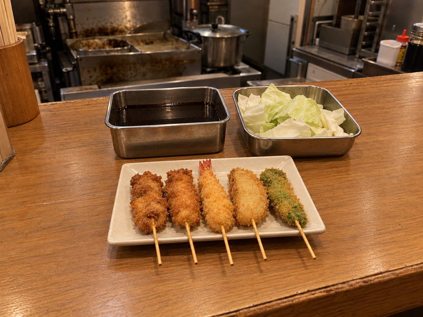 A plate of five kushikatsu skewers on a wooden counter, with a metal pot of sauce and a tray of raw cabbage behind
