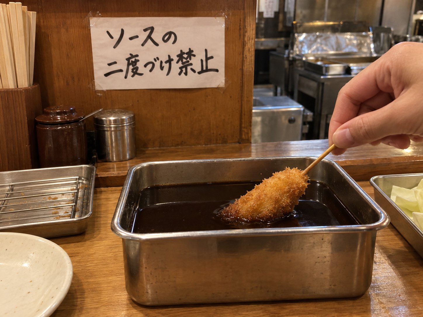 A kushikatsu skewer being dipped into a metal pot of sauce, under a handwritten sign saying no double-dipping