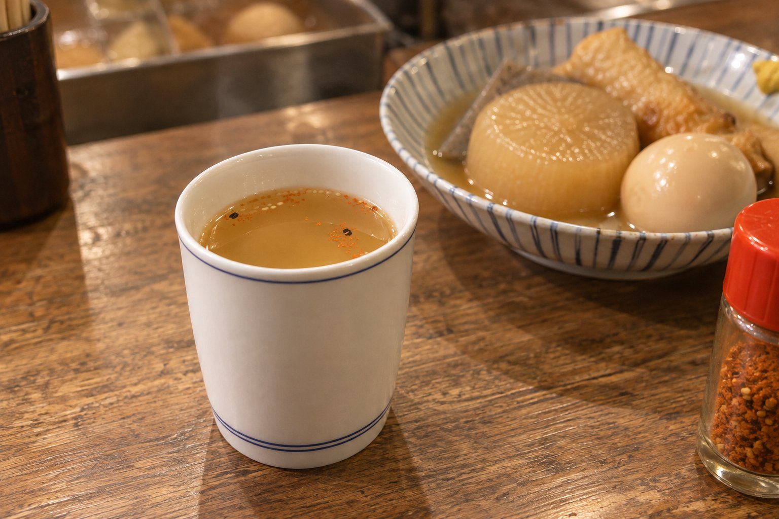 A white cup of dashi-wari, hot sake mixed with golden oden broth with red flecks of shichimi on top, next to a bowl of oden and a jar of shichimi