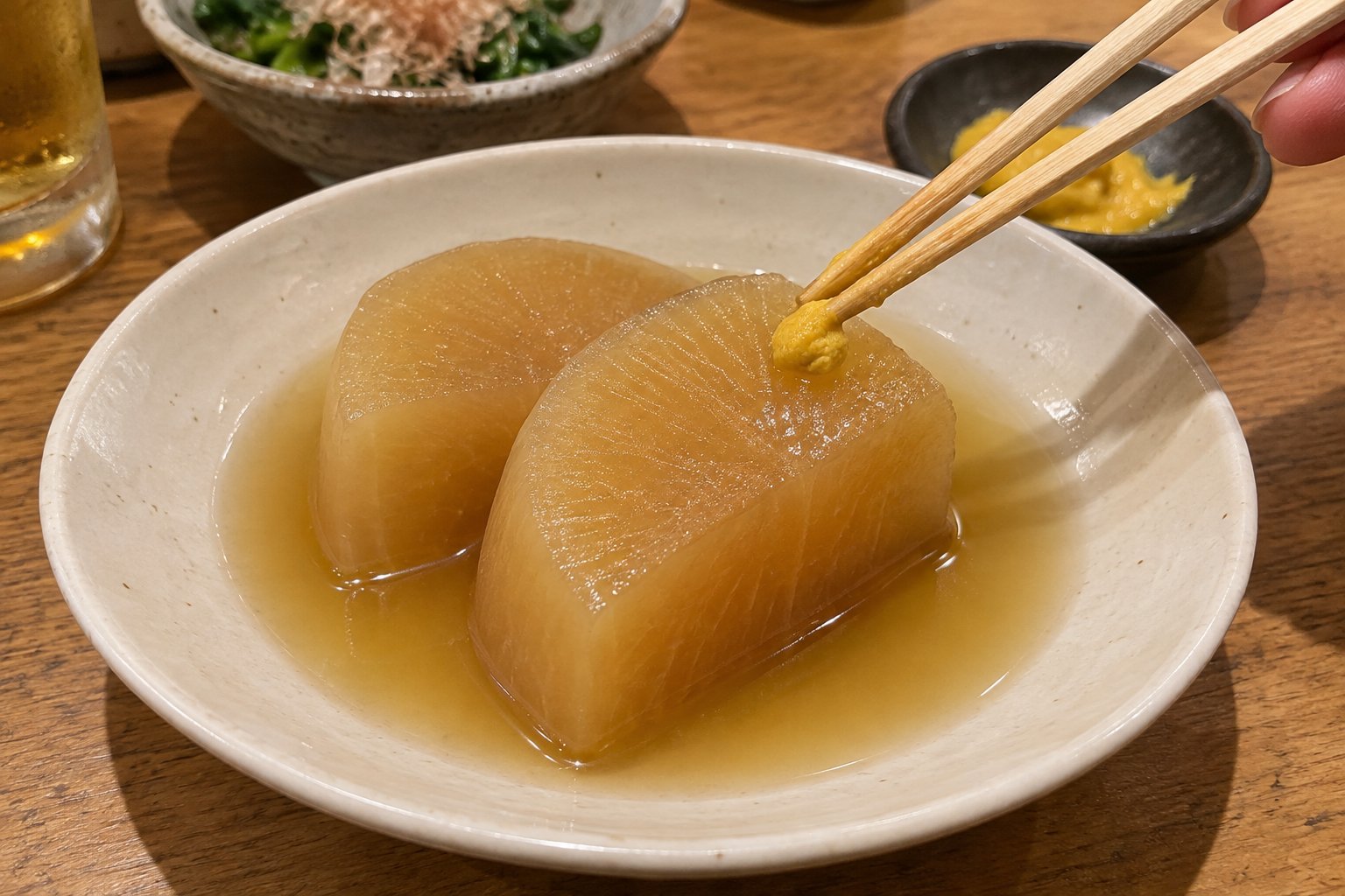 Chopsticks putting a small dab of yellow karashi mustard on a half-moon of daikon in broth, with a dish of karashi behind