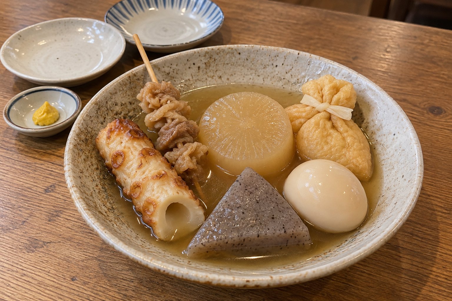 A bowl of oden on a wooden table with chikuwa, a beef tendon skewer, daikon, mochi kinchaku, a triangle of konnyaku and an egg in broth, with two small plates and a dish of karashi behind