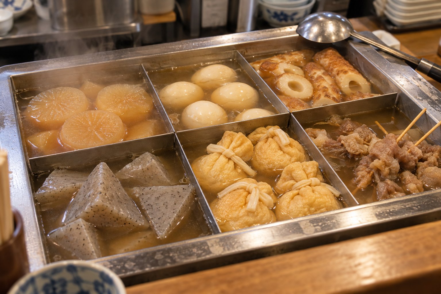 A large square oden pot at an izakaya counter, divided into sections of daikon, eggs, chikuwa, konnyaku, mochi kinchaku and beef tendon skewers, with steam rising