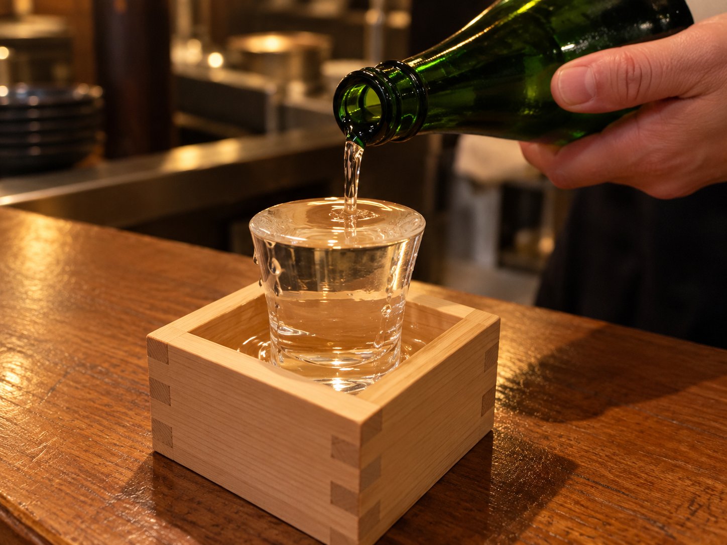 Sake being poured from a green bottle into a glass set in a wooden box, overflowing into the box