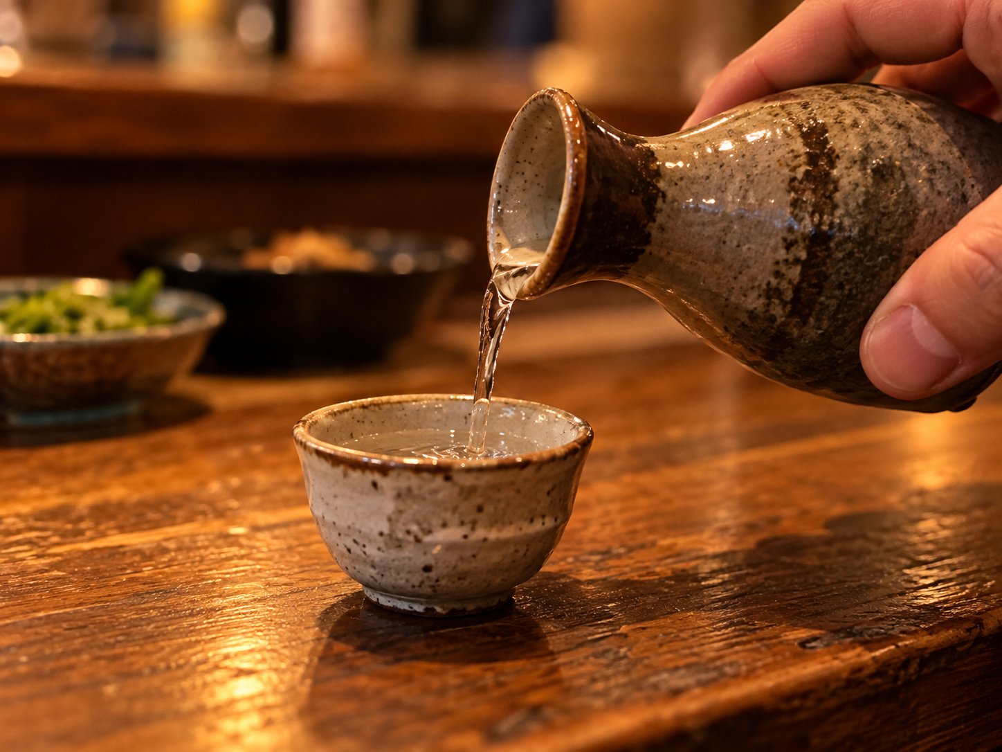 A hand pouring sake from a ceramic flask into a small cup with a blue flower pattern