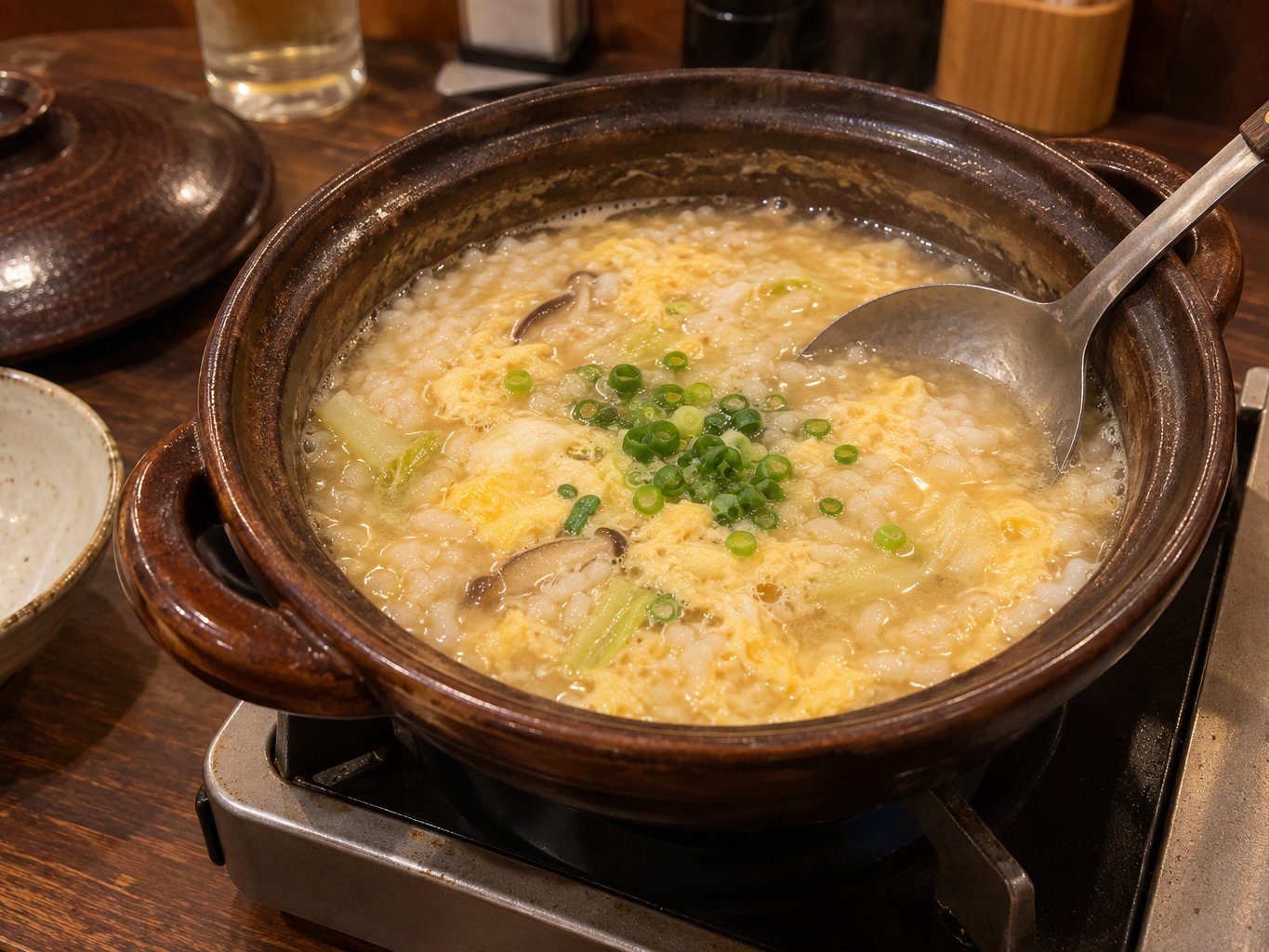 A hotpot with rice and egg simmering in the leftover broth, with a ladle in the pot