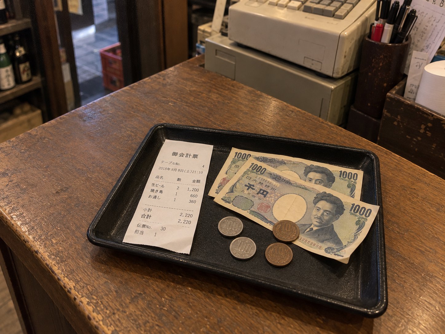 An izakaya bill slip and cash on a small tray at the register