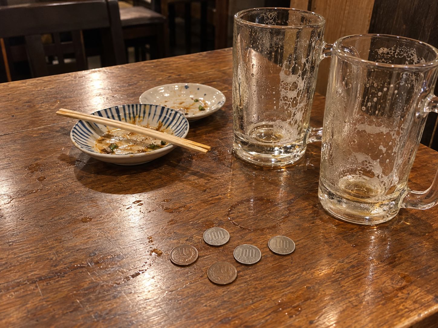 Coins left on an izakaya table next to empty beer mugs