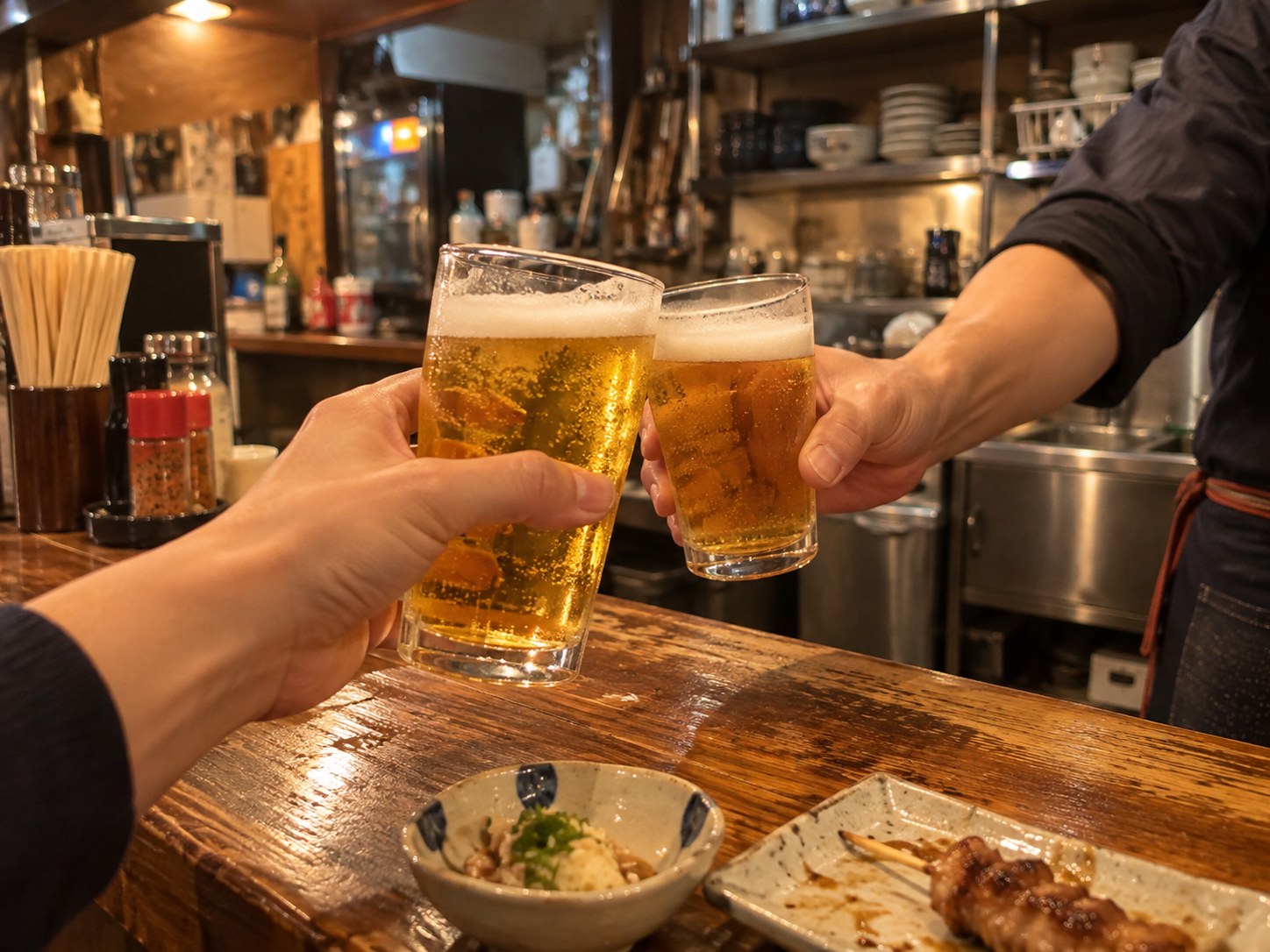A customer and the owner raising their glasses across an izakaya counter
